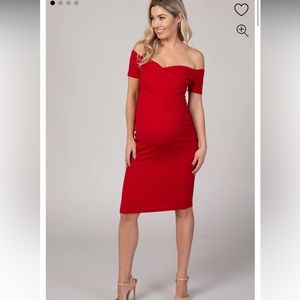 PinkBlush Red Solid Off Shoulder Maternity Fitted Dress